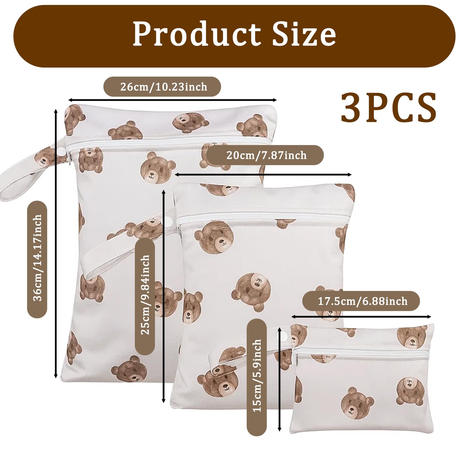 3 Pcs Bear Pattern Nappy Bags, Waterproof Wet Bag Organiser for Swimming Travel Storage - Image 2