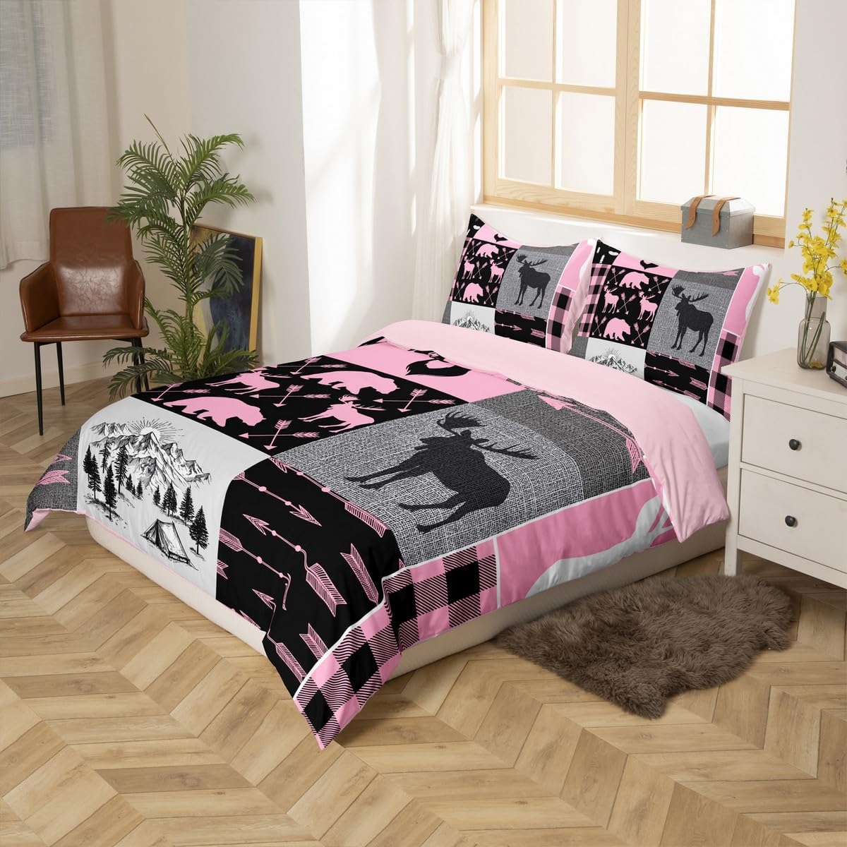 Rustic Camping Bedding Set For Boys, Hunting Elk Deer Comforter Cover Twin Size Buffalo Plaid Patchwork Duvet Cover Lodge Woodland Farmhouse Quilt Cover For Kids Teens Adult Bedroom, Pink Black Grey