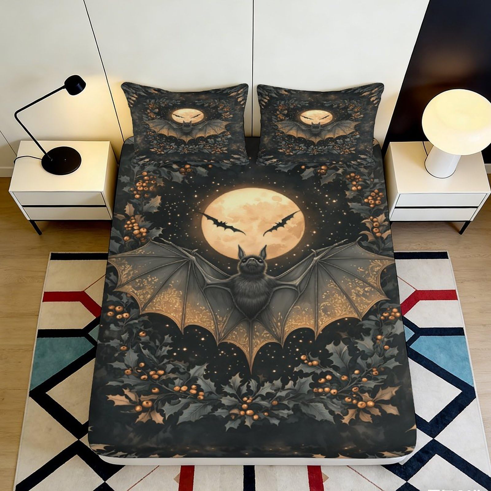 Jqzkxnhpbr Style-8 3D Printed Gothic Bat Moon Fitted Sheet Microfiber Soft Breathable Floral Mattress Cover For Bedroom Dorm Decor 90X200x25cm