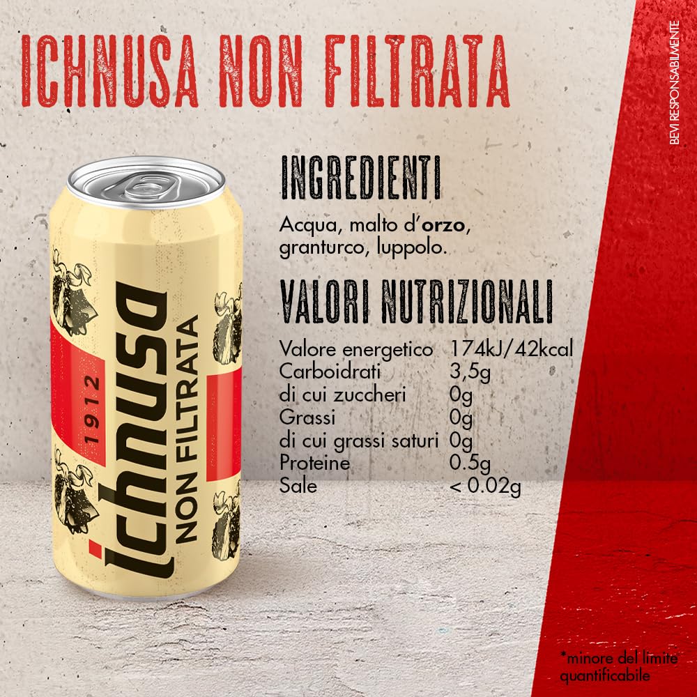 Birra Ichnusa Non Filtrata, Cassa con 24 Lattine 24 da 44cl, Birra Lager Non Filtrata a Bassa Fermentazione, Gusto Morbido, Corposa ed Equilibrata, Gradazione 5,0% Vol