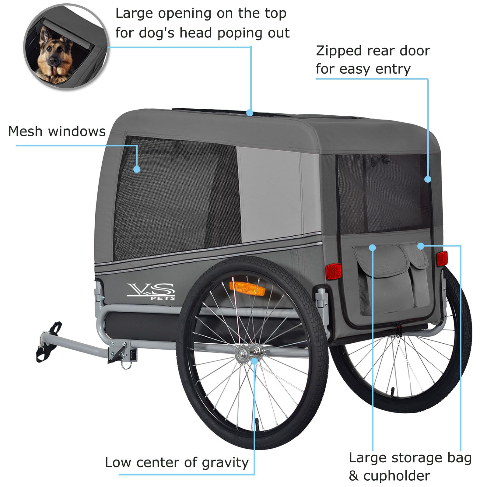 Tiggo VS Pets L Remorque de vélo pour chien - Volume : environ 270 l - Pour chiens de taille moyenne et grande jusqu'à 35 kg - Pliable