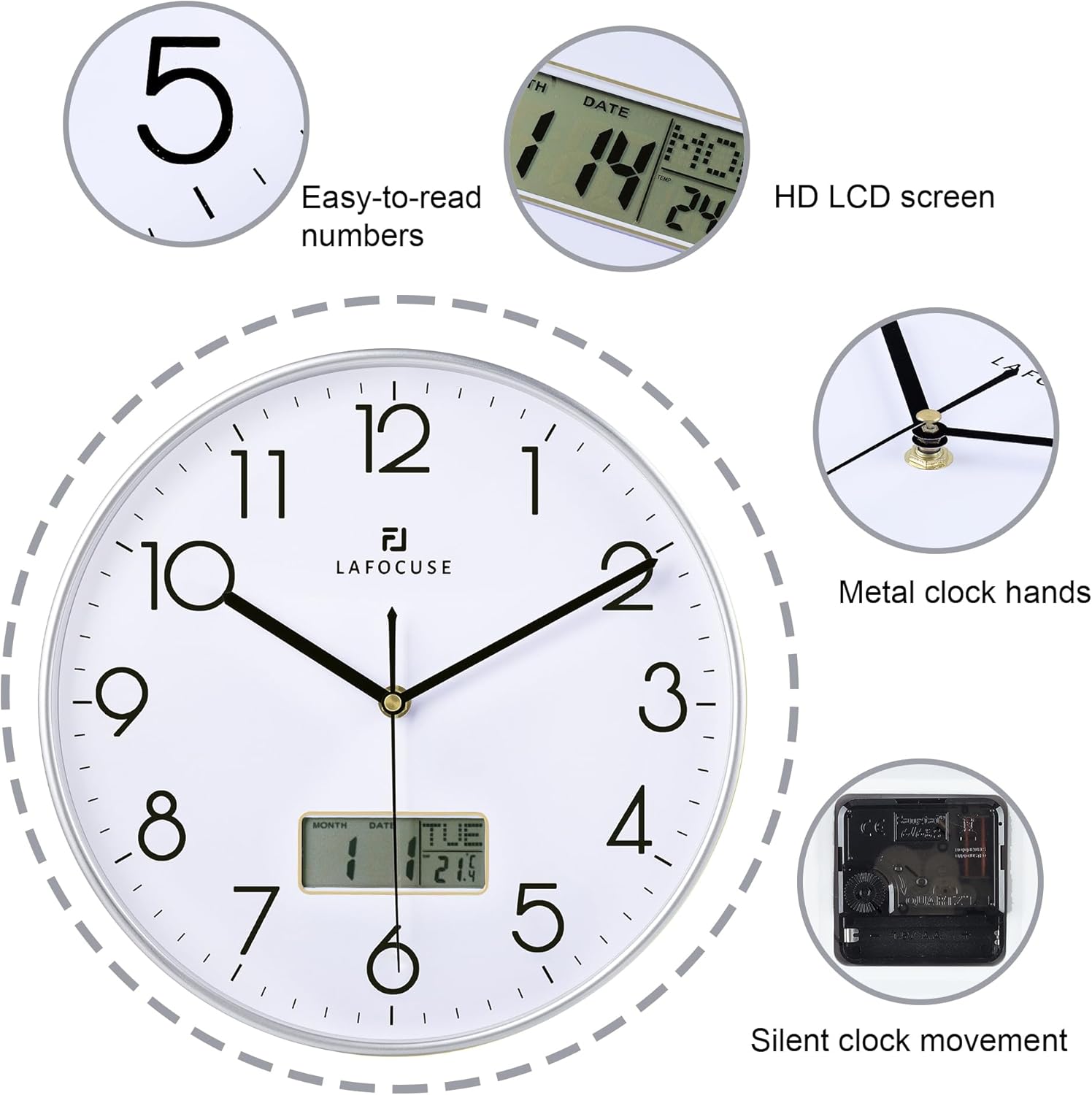 Lafocuse 12 Inch Silent Analog Wall Clock with LCD Display for Perpetual Calendar and Temperature, Digital Silver Wall Clocks with Date and Day Battery Operated Clock for Living Room Bedroom Office