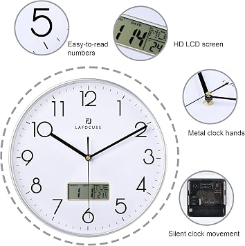 Lafocuse 12 Inch Silver Wall Clock Silent with Date Day Temperature Display