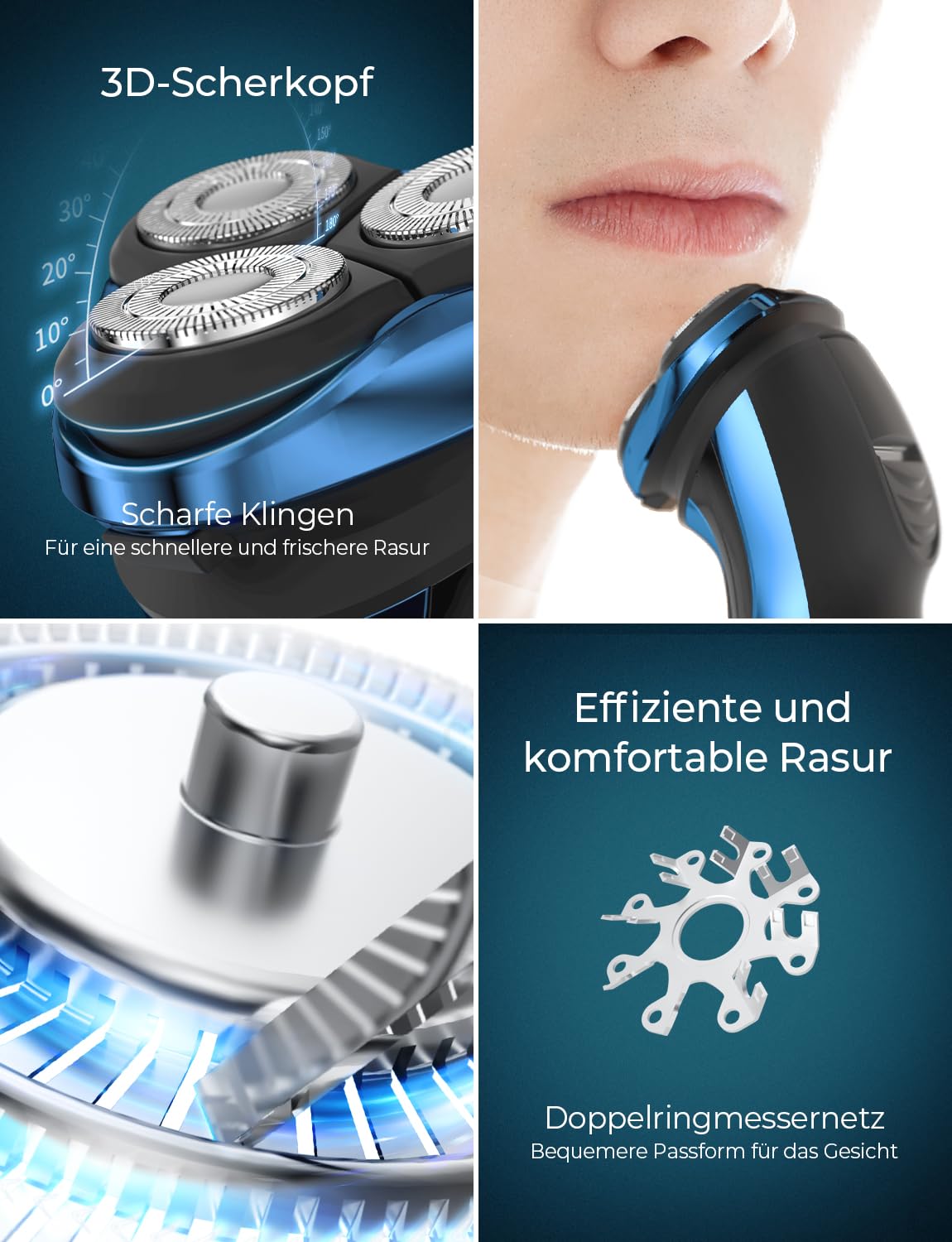 Rasierer Herren Elektrisch, Elektrischer Rasierer Nass- und Trockenrasierer mit Präzisionstrimmer, Elektrorasierer Herren IPX7 mit Reiseverriegelung RS8336 Blau