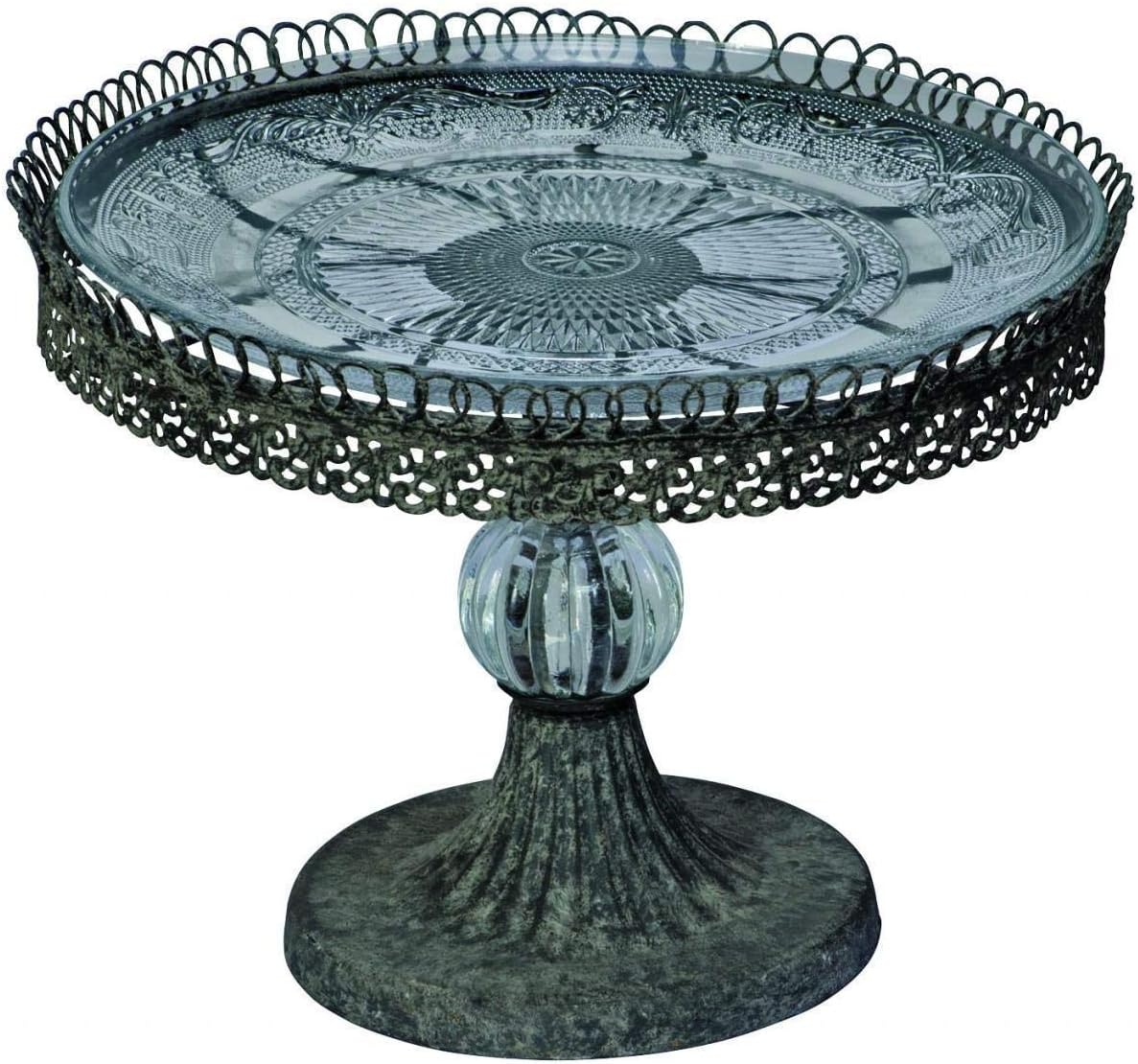 Filigree Metal Single Cake Stand w Glass Shelf and Ball Design