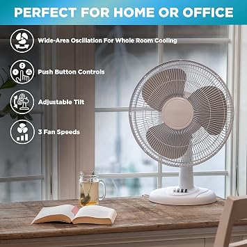 EZ-CHILL 16 Oscillating Table Fan with Adjustable Tilt, Convenient Push Button Controls, Quiet, 3 Speed, Desk Fan, Airflow 15.75 ft/sec, Ideal for Home, Bedroom, Dorm & Office, MTFD-16
