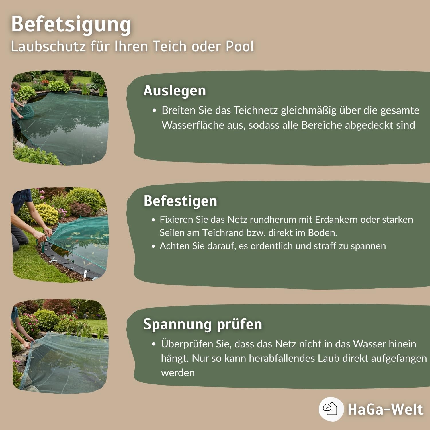 HaGa Premium Teichnetz & Pool Abdecknetz – 3 m Breite | 5m Länge | dunkelgrün – UV-beständiges, feinmaschiges Schutznetz für Gartenteich & Gartenpool – zuschneidbar als Laubnetz & Teichzubehör