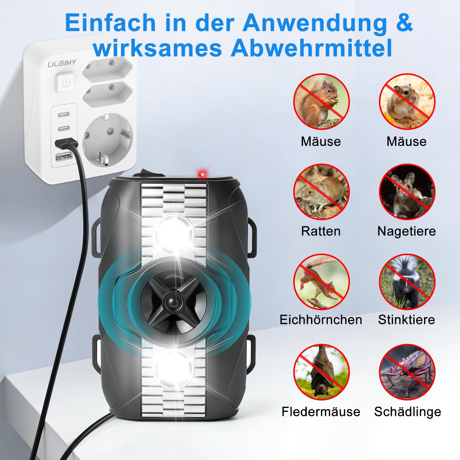 2 Stück Marderschreck Auto, Marderabwehr Dachboden mit Ultraschall & Blinklicht, Mauseabwehr Kraftfahrzeugmotor, Mäuseabwehr Marderschreck für Haus, Garage, Garten, Keller