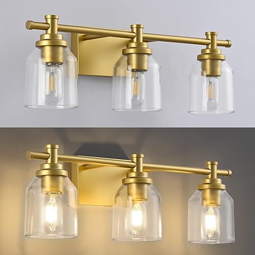 Miniatura 3 de SOLFART Lámparas de baño doradas 3 luces de tocador de baño, lámparas de pared sobre espejo vintage