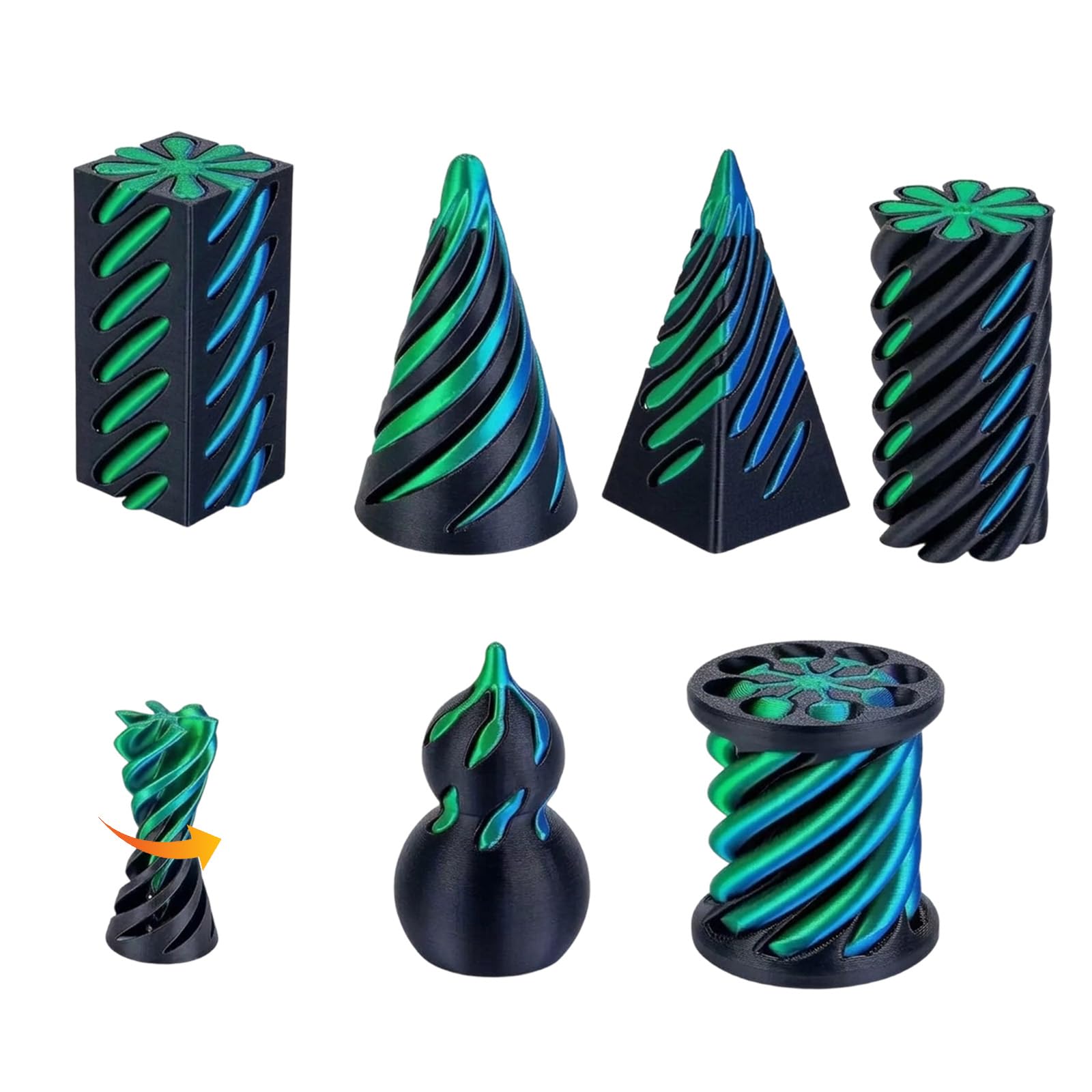 Six Piece Set in Black and Green, 3D Printed Fidget Toy, Desk Focus Aid for Work and Study, Stress Relief Tool for Sensory Needs, Portable 3D Printed Toys for Teens And Adult