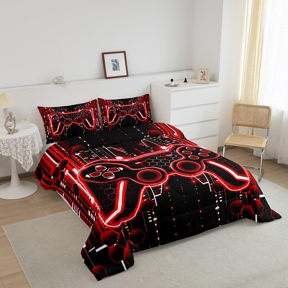 Feelyou Kids Red Black Gamer Bedding Set Twin Size, Gaming Comforter Set Boys Girls Game Room Decor Comforter Gamepad Teens Duvet Set Bedroom Decor with 1 Pillow Case