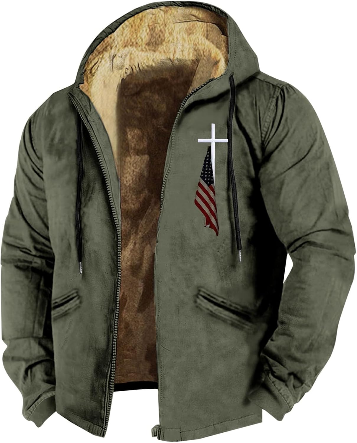 Men Jacket Winter Printed Flag Hooded Brown Zipper Personalized Casual