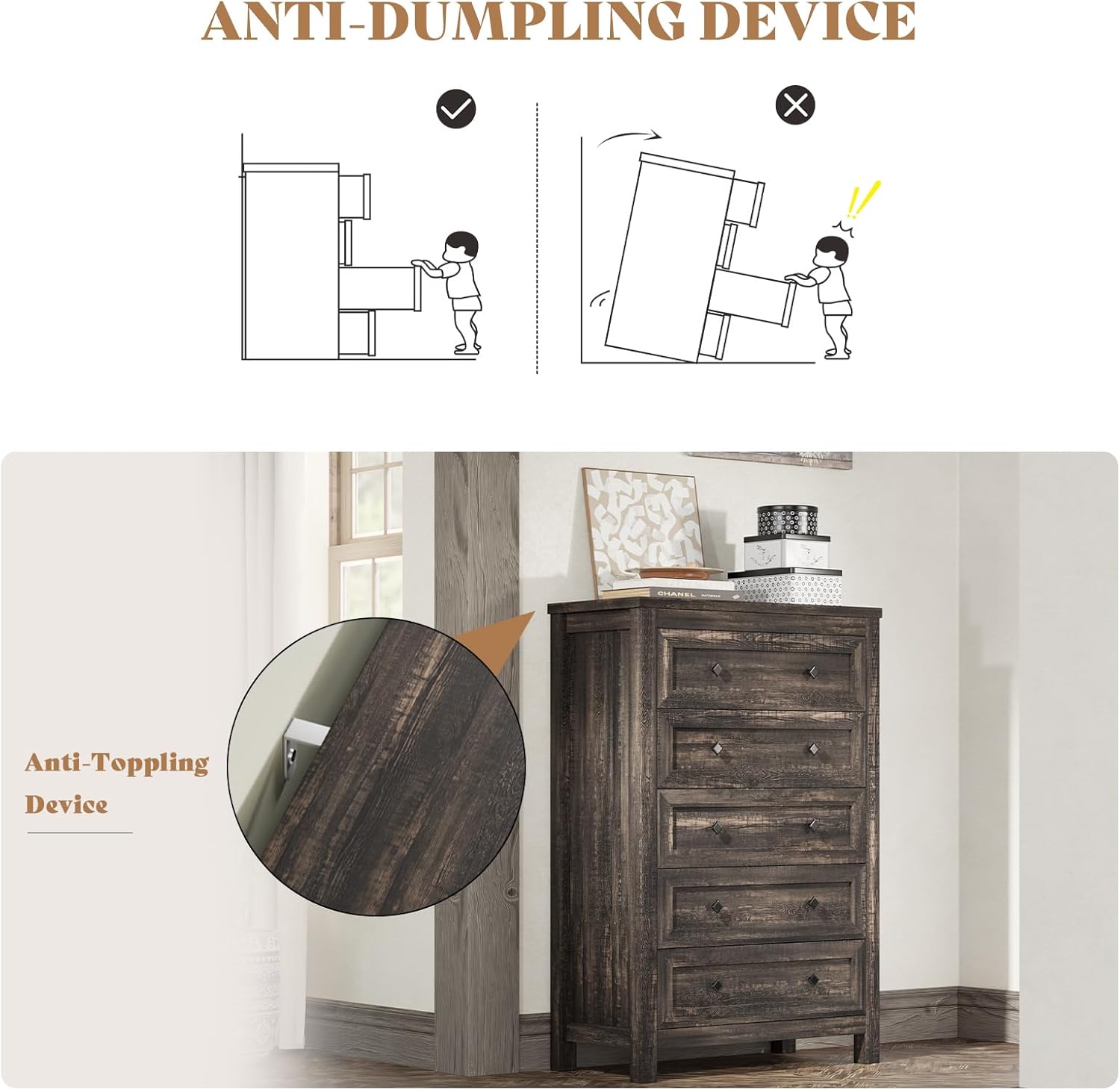 Diagram showing anti-tipping device installation and a dresser with the device attached to the wall