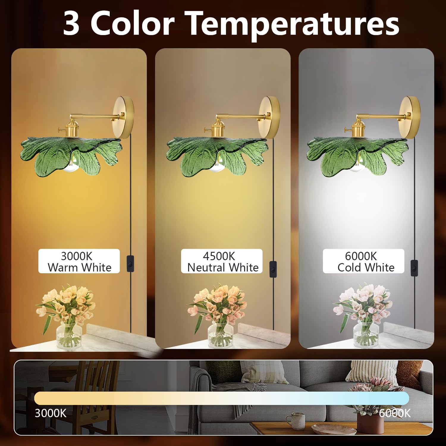 E27 Wandleuchte Innen Dimmbar Wandlampe mit Schalter 180° Drehung Wandlampe Vintage Höhenverstellbar Grüne Glas Nachttischlampe mit Stecker für Schlafzimmer Flur Küche Wandbeleuchtung