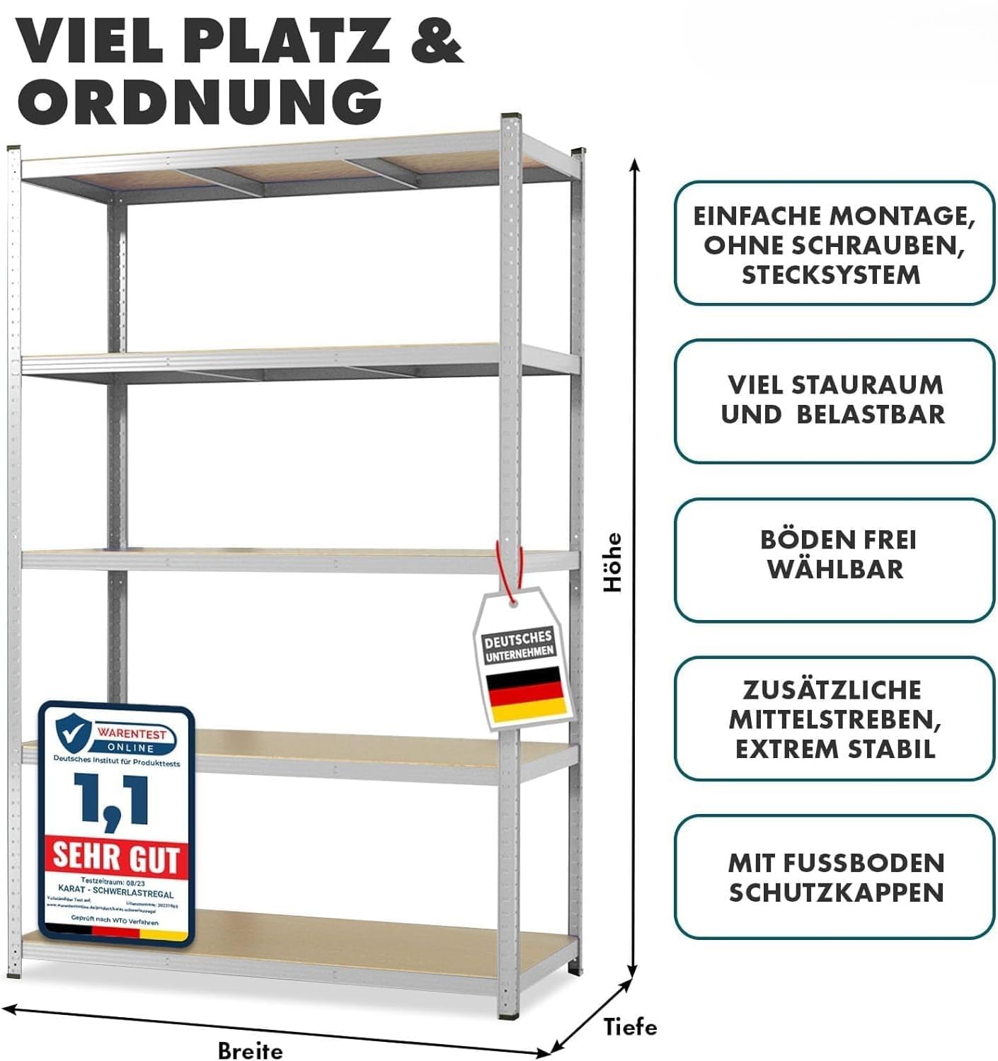 casa pura Schwerlastregal 200 x 100 x 50 cm verzinkt | Steckregal, Lagerregal, Standregal, Stecksystem ohne Werkzeug montierbar