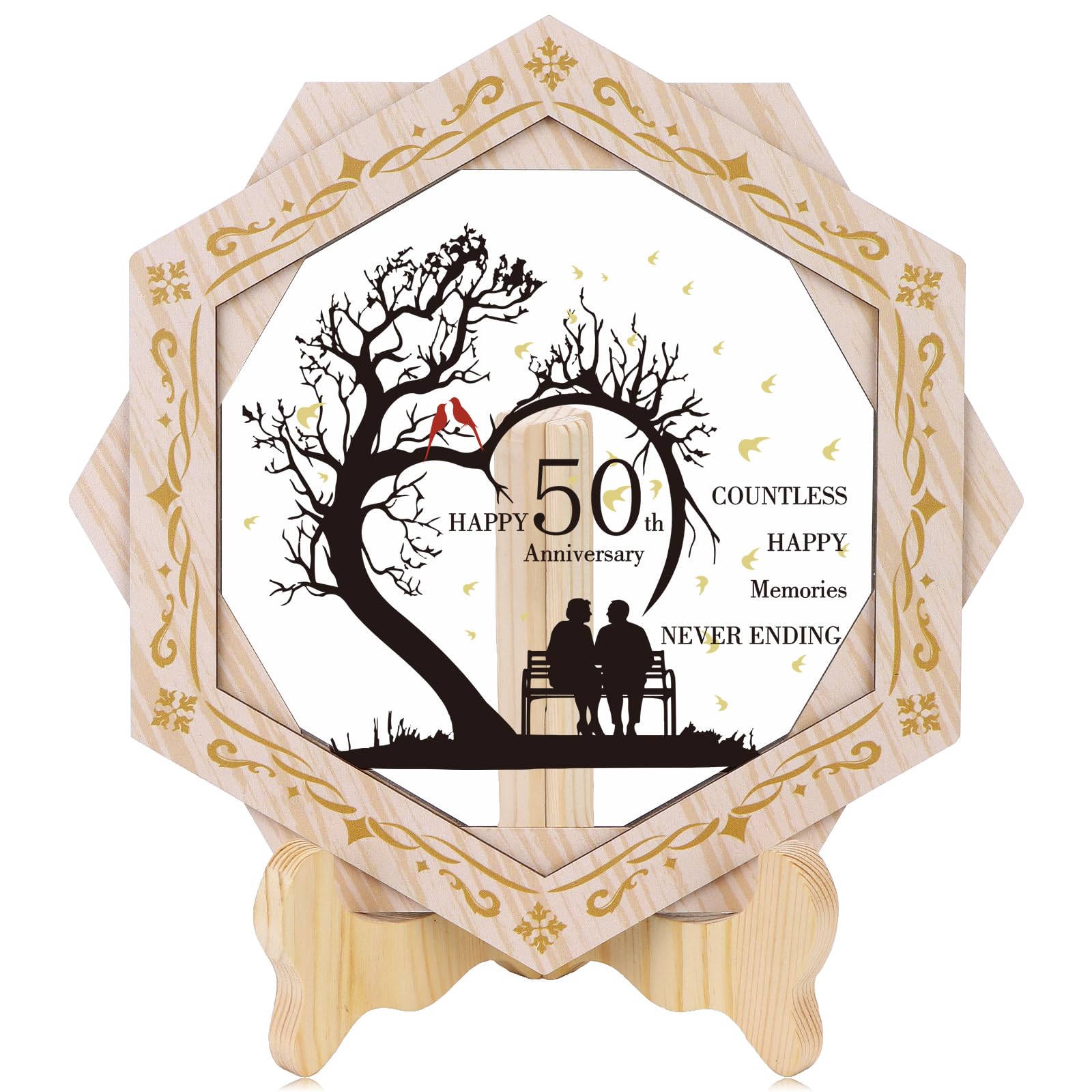 Golden Wedding Gifts for Wife Couples Happy 50th Wedding Anniversary Ornament Present Wooden Crystal Plate Ornament with Holder 50th Anniversary Birthday Gifts for Parents Wife Husband