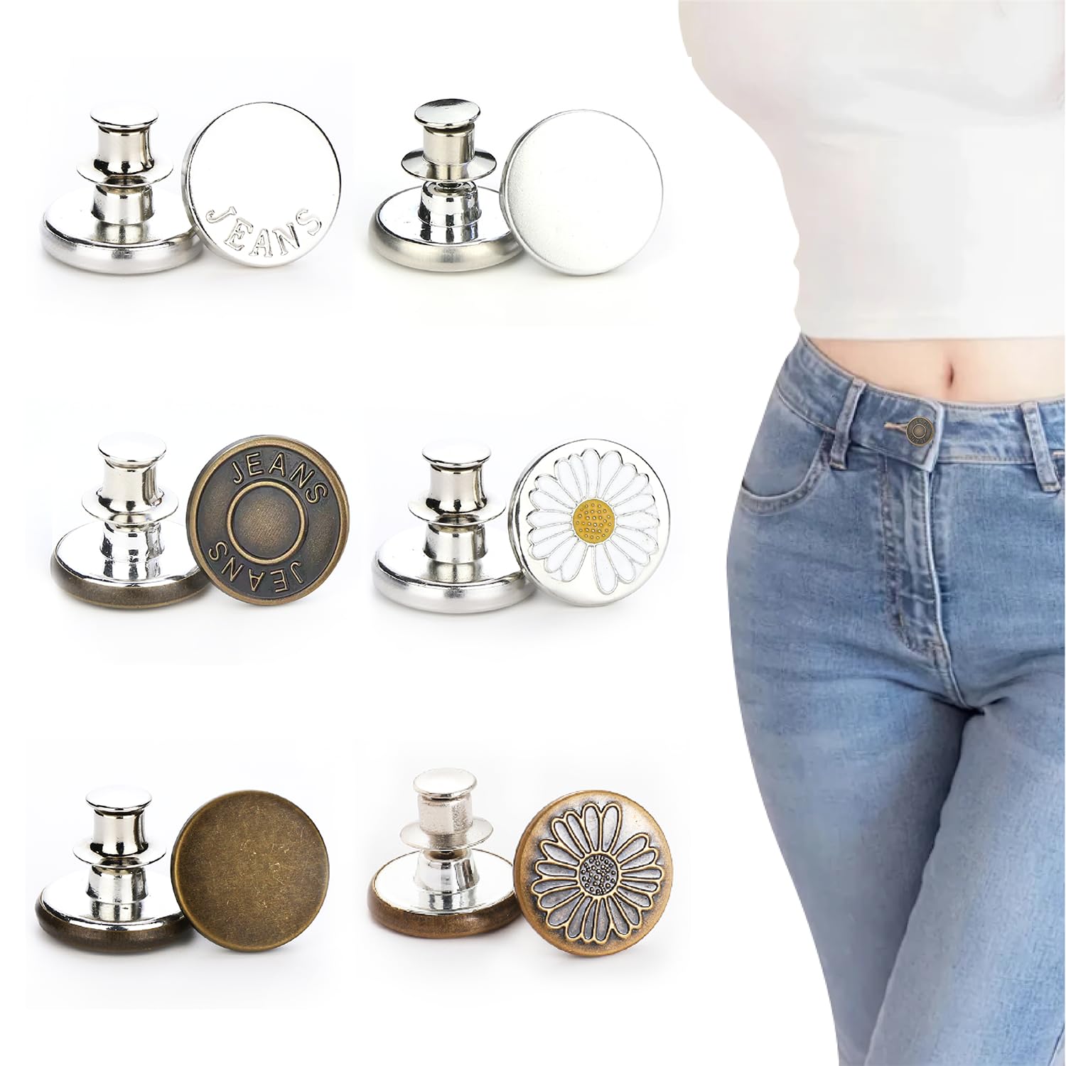 12Pcs Adjustable No Sew Jean Button Pins17mm Silver Metal Replacement for Jeans Waist Tightener and Clothing Repair, Reusable Easy to Use