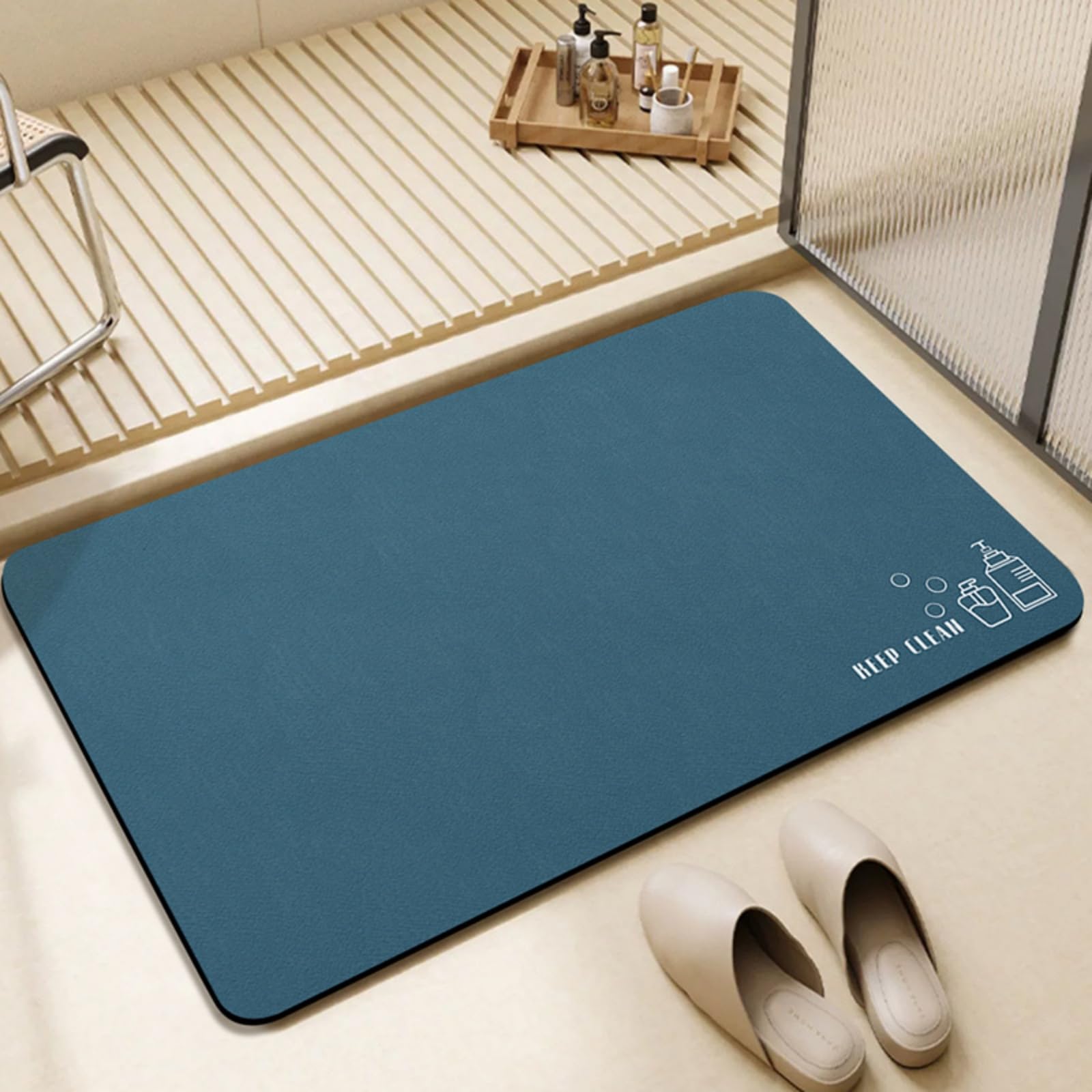 Quick Dry Bath Mat Non Slip Anti Mould, Diatom Mud Bathroom Shower Floor Mat, Absorbent Non Slip Thin Rubber Backing Ultra Thin Bathroom Rug Fit Under Door (Blue, 45 * 70 cm)