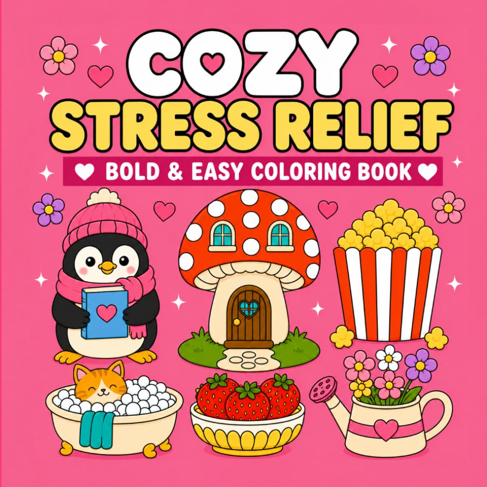 Cozy Stress Relief Coloring Book: Bold and Easy Designs, Cute Things, Cozy Items, and Many More Relaxing Scenes for Adults, Seniors and Beginners