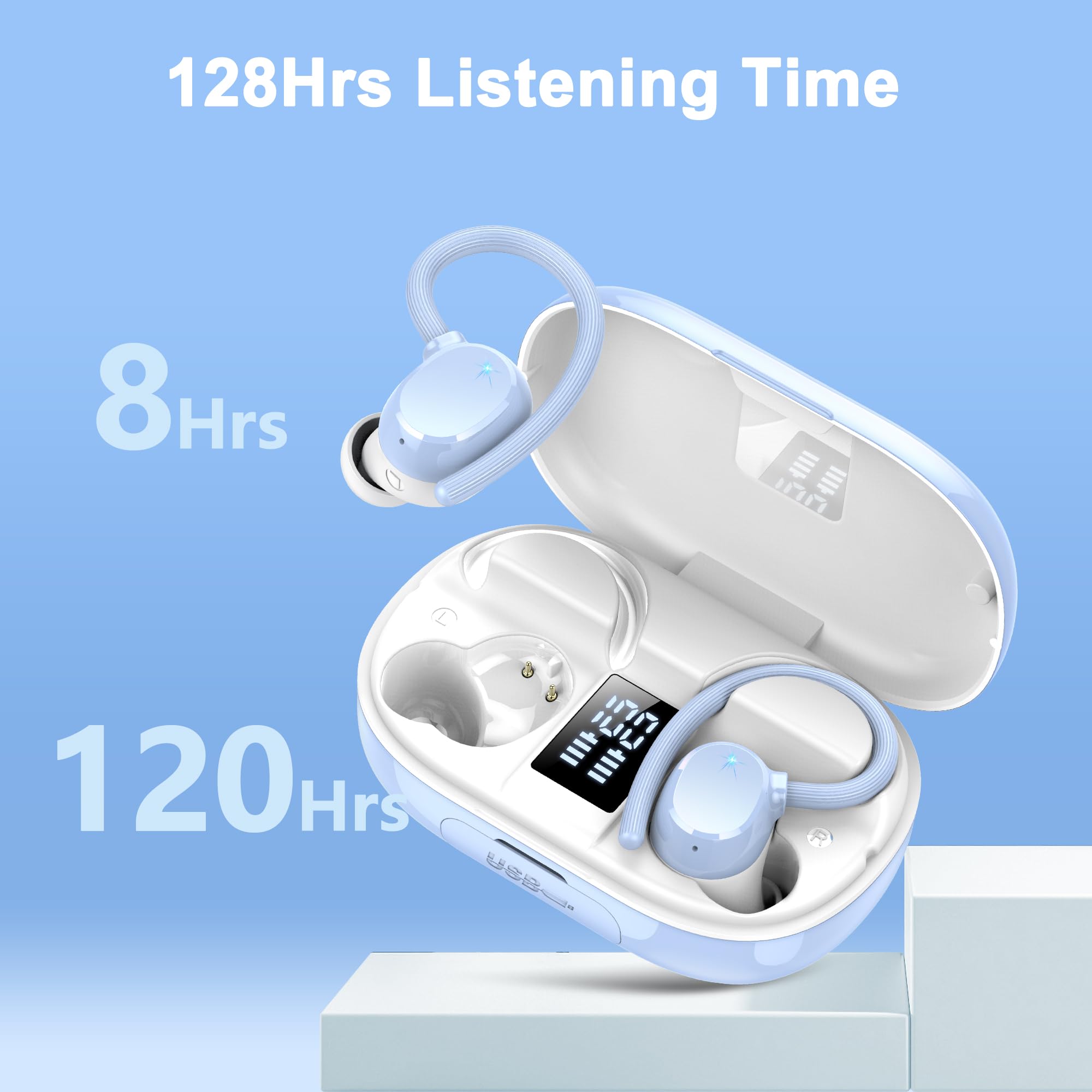 Auriculares Inalámbricos Deportivos, Nueva Auriculares Bluetooth 5.3 con Mic, 128H Cascos Inalambricos Bluetooth HiFi Estéreo, Cancelacion Ruido ENC Auriculares Running, Pantalla LED/IP7 Impermeable
