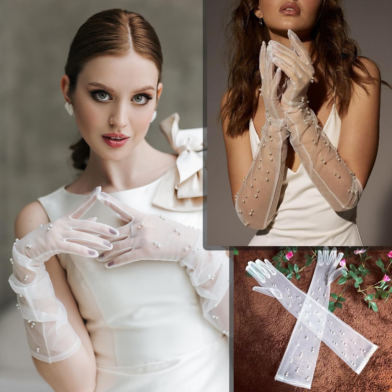 Pearl Gloves Women Long Tulle Wedding Bridal Gloves Bridal Opera Party Pearl White Gloves for Women Girls Show Wedding Halloween Cosplay Accessories 1 Pair - Image 5