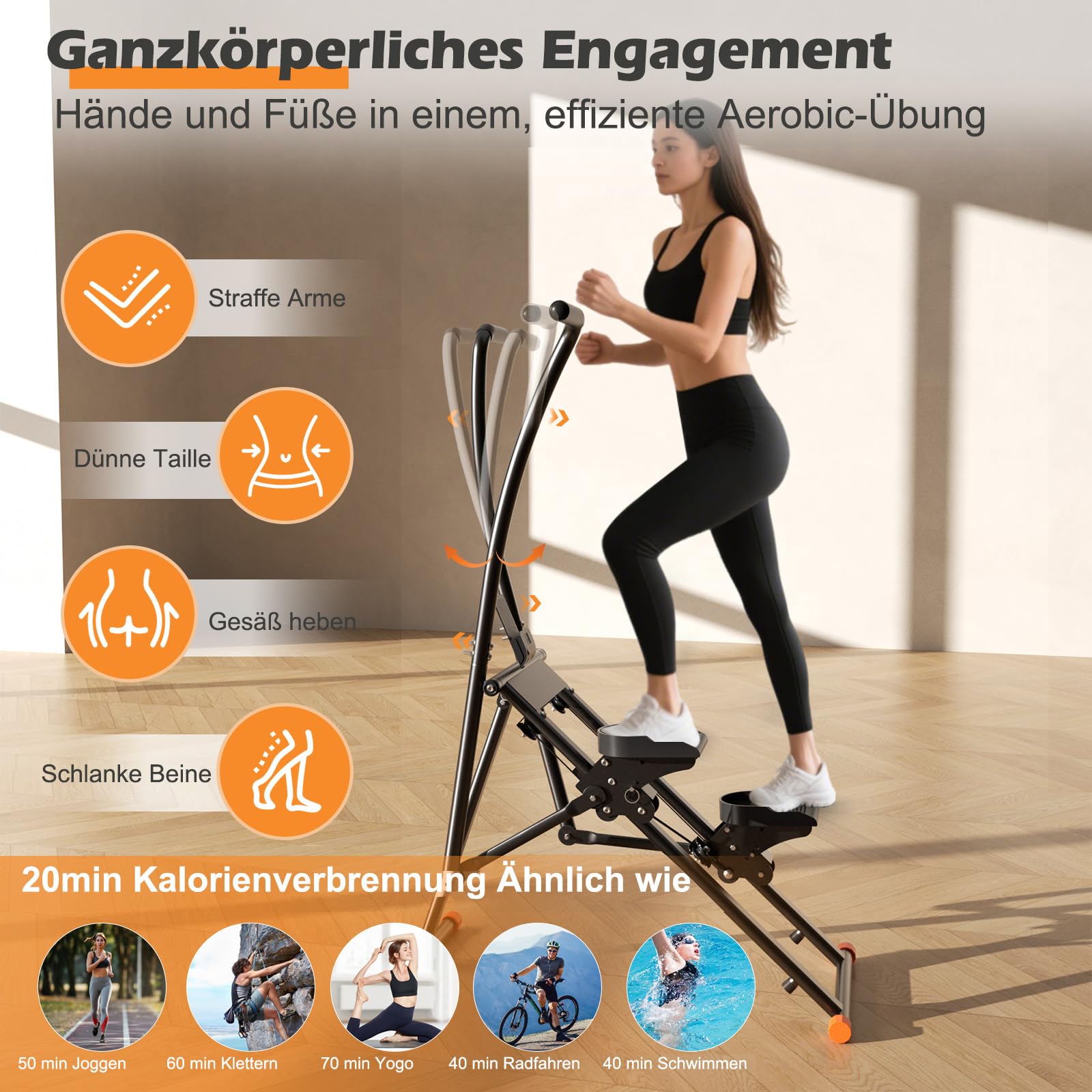 Máquina de escalada, stepper para el hogar, entrenador elíptico, escaleras plegable con monitor LCD, manillar, pedales ajustables, soporte para teléfono, para el hogar, la oficina, ejercicio