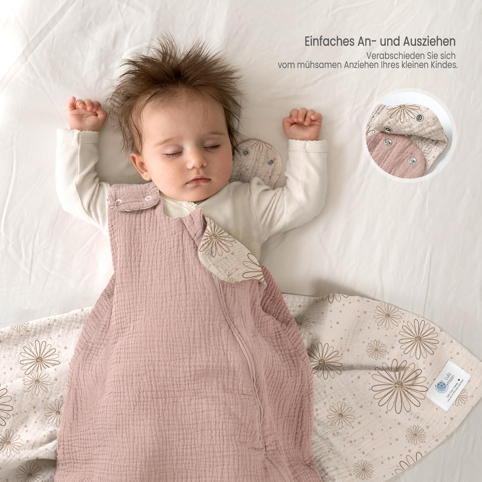 lulumoon Baby Schlafsack für 3-9 Monate: Musselin Schlafsack Baby für Jungen und Mädchen - Baumwolle Babyschlafsack für 70cm Ganzjahres Kinderzimmer