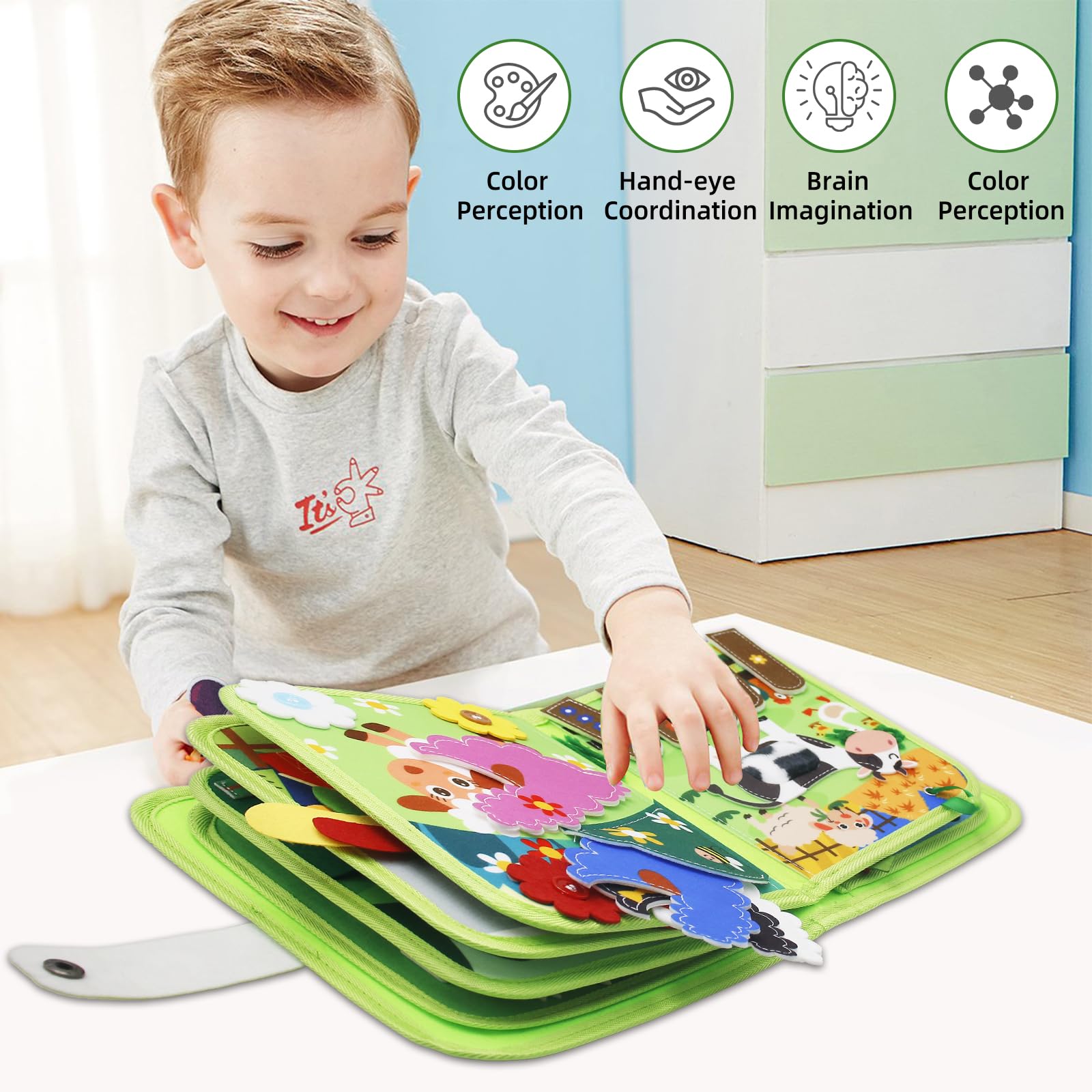 Busy Board à partir de 1 an- Livre d'occupations pour tout-petits- Livre d'activités en feutre DIY- Livre d'images en tissu- Jouet éducatif préscolaire Livre d'occupations avec compétences de (vert)