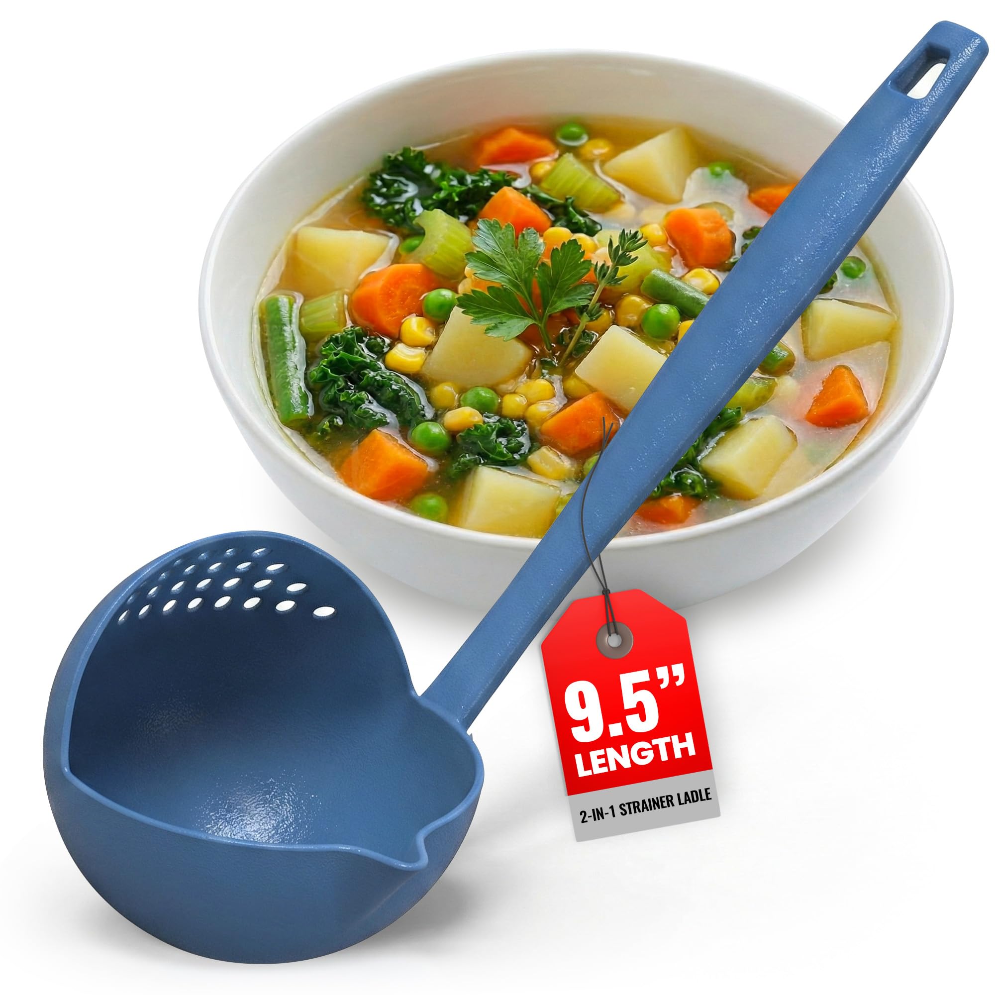 Strainer Ladle – Kitchen Discovery – 2 in 1 Soup Strainer Separates Liquids from Solids - All Plastic Soup Ladle for Easy Serving of Soup, Stew, Gravy, Party Punch Blue Strainer Ladle