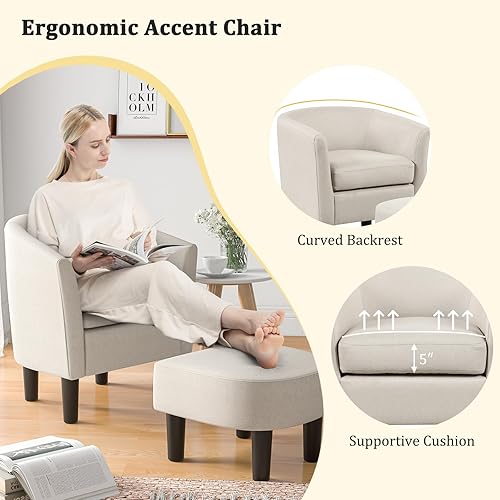 Miniatura 4 de Giantex Silla decorativa moderna con otomana, sillón de tela de lino con reposapiés, respaldo curvado y cojín de asiento extraíble, silla de club