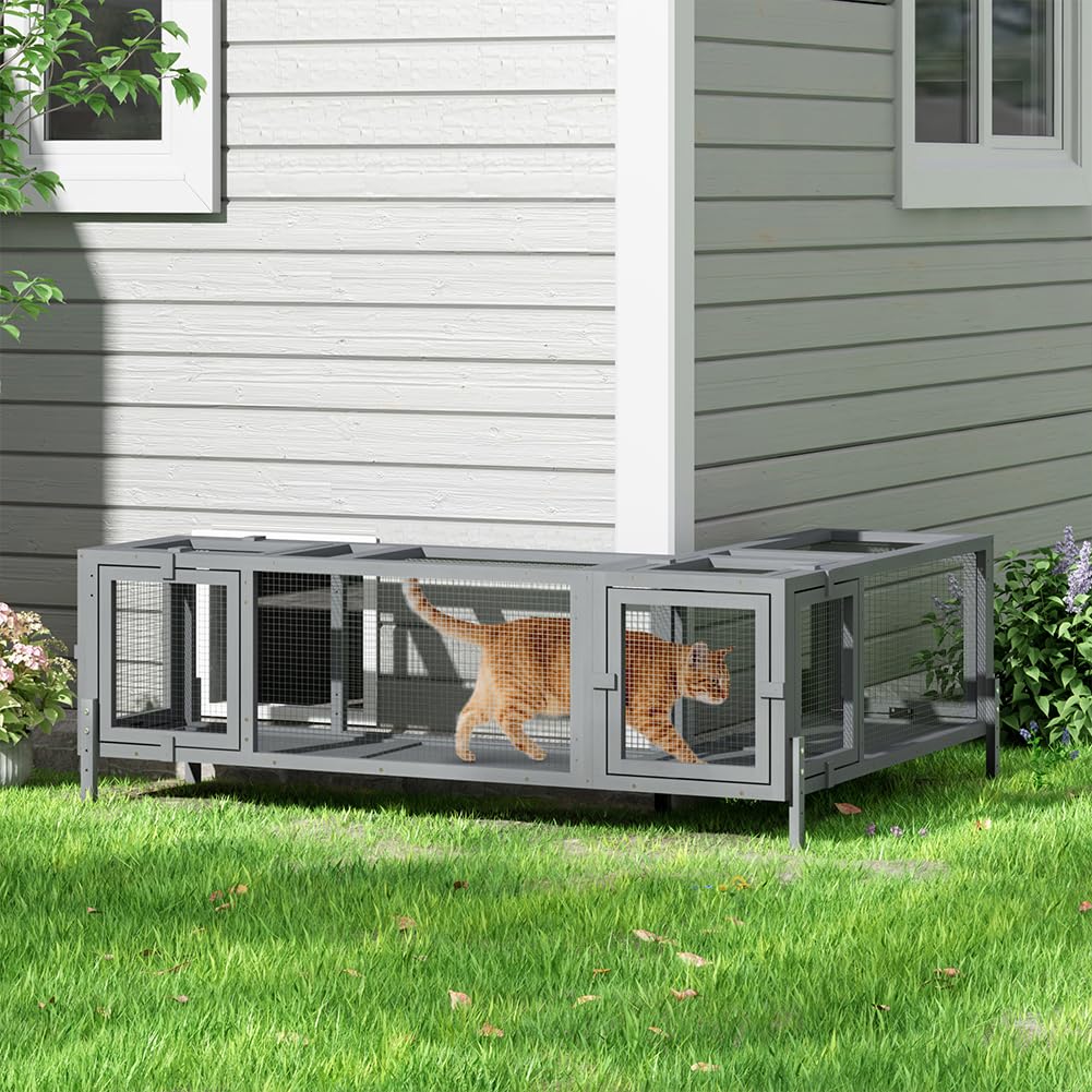 3 in 1 Wooden Cat Play Tunnel with Platforms | Configurable Window Catio | Multi-Combination Extendable Cat Run for Indoor/Outdoor Use, Small Pet Play Enclosure(233.93 * 41.91 * 33.6cm)