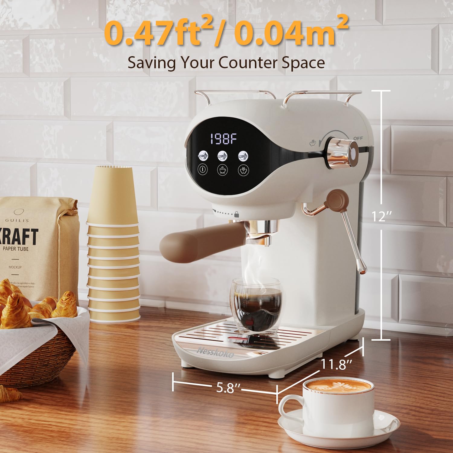 Nesskoko Espresso Machine with Steam Milk Frother Semi Automatic 20 Bar Compact White with Toggle Switch for home Cafetera Espresso, Latte, Cappuccino, Americano, Macchiato — view 5