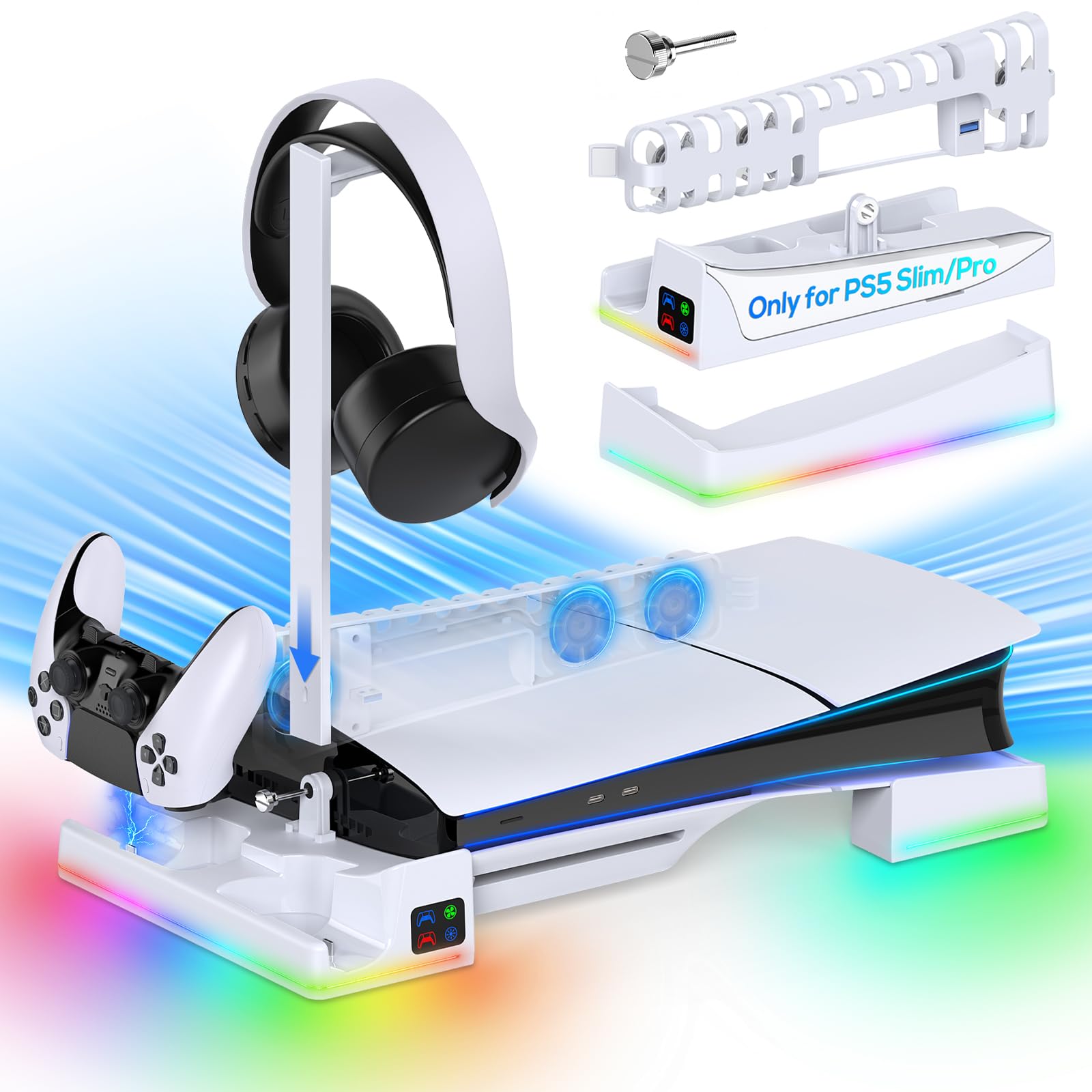 RGB Horizontal Cooling Station Stand for PS5 Slim Pro Console with 2 Controller Charger Auto Silent Cooling Fan