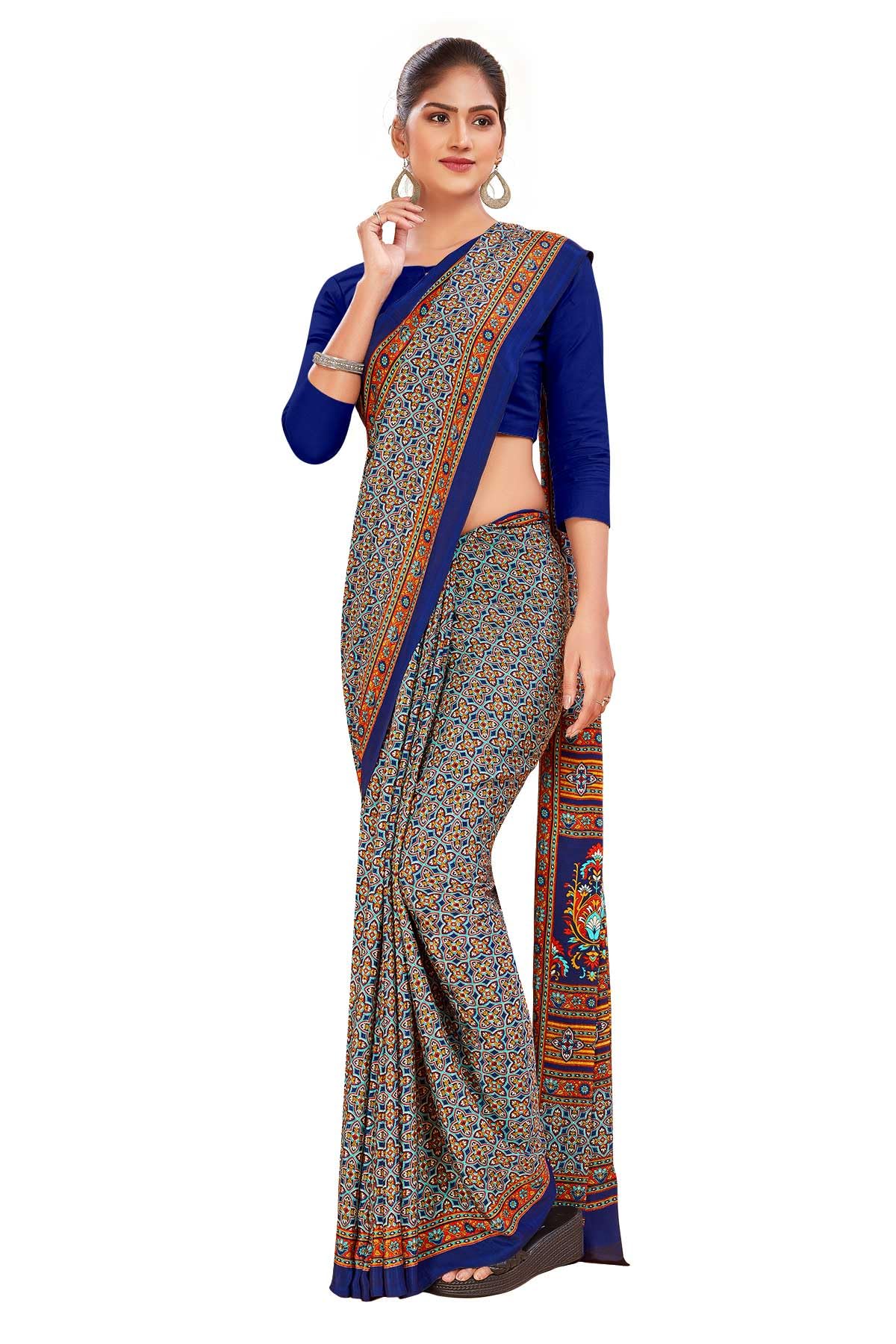 uniform sarees corp White and Navy Blue Women's Premium Italian Silk Paisley Print Teachers Uniform Sarees With Blouse Piece-picture-35