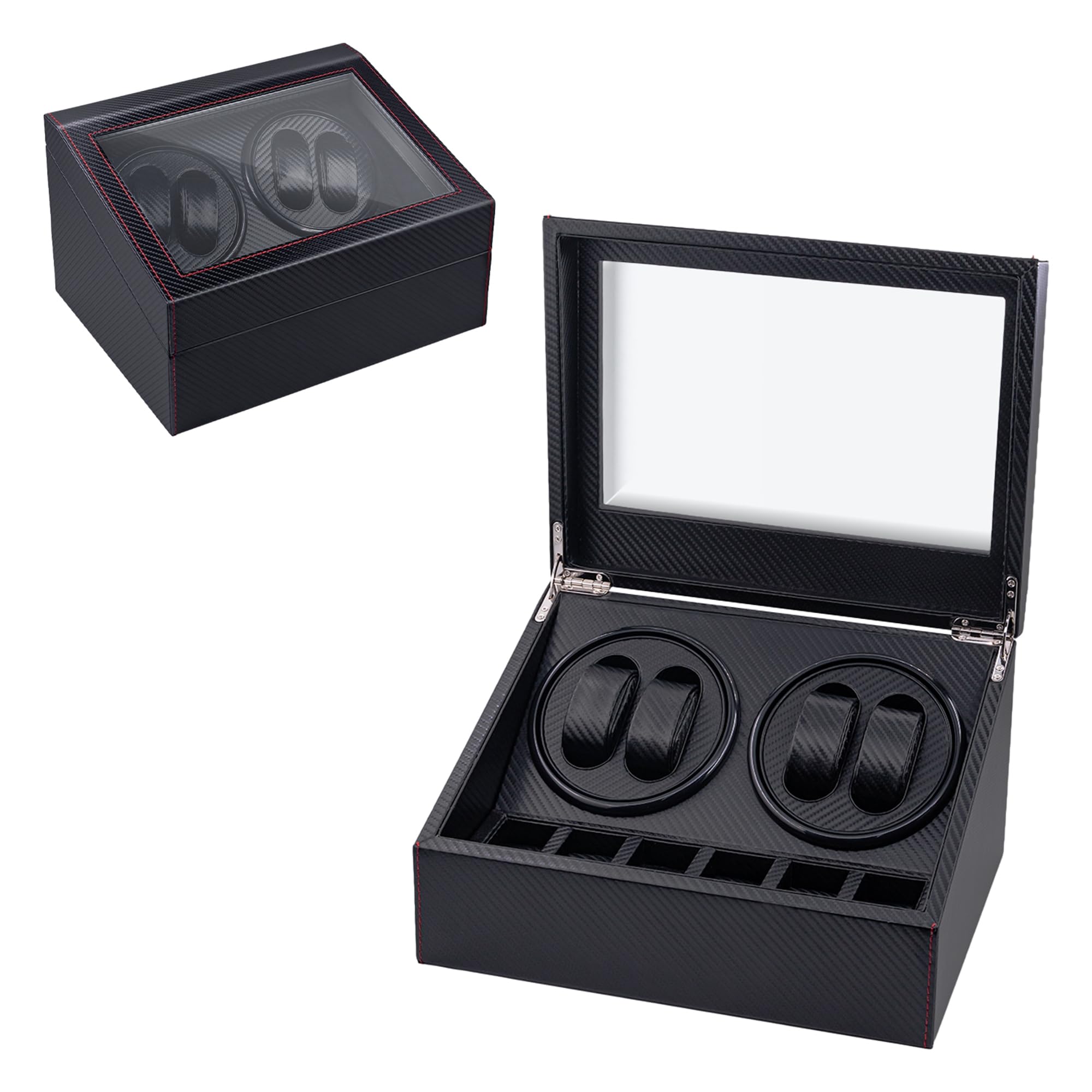 Mcbazel Carbon Fiber Automatic Watch Winder Box For 4 Watches, 4 Watch & 6 Extra Storage Space, Leather Watch Winder Storage Display Box With Quiet Running Motor