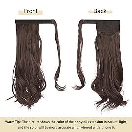 Sofeiyan Curly Ponytail Extension 15 Inch Heat Resistant Synthetic Natural Wavy Hairpiece Wrap Around Pony Tail Hair Extensions for White Black Women Hair Piece, Darkest Brown/Dark Auburn Mix