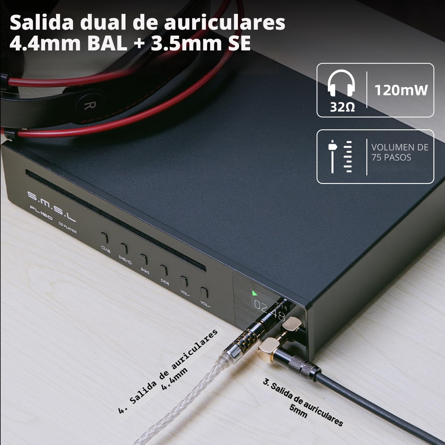 SMSL PL150 - Reproductor de CD estéreo, estándares compatibles y mini CD, soporte para MP3-CD, chips de decodificación CS43198, RCA, auriculares de 3,5 mm y 4,4 mm, fibra de vidrio, interfaces de