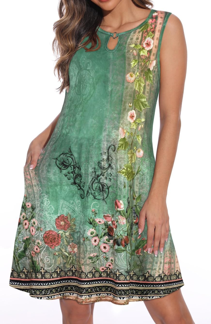 ADOREJOY Summer Dresses for Women Sleeveless Crew Neck Sundress Casual Loose Cover Up Tank Dress with Pocket