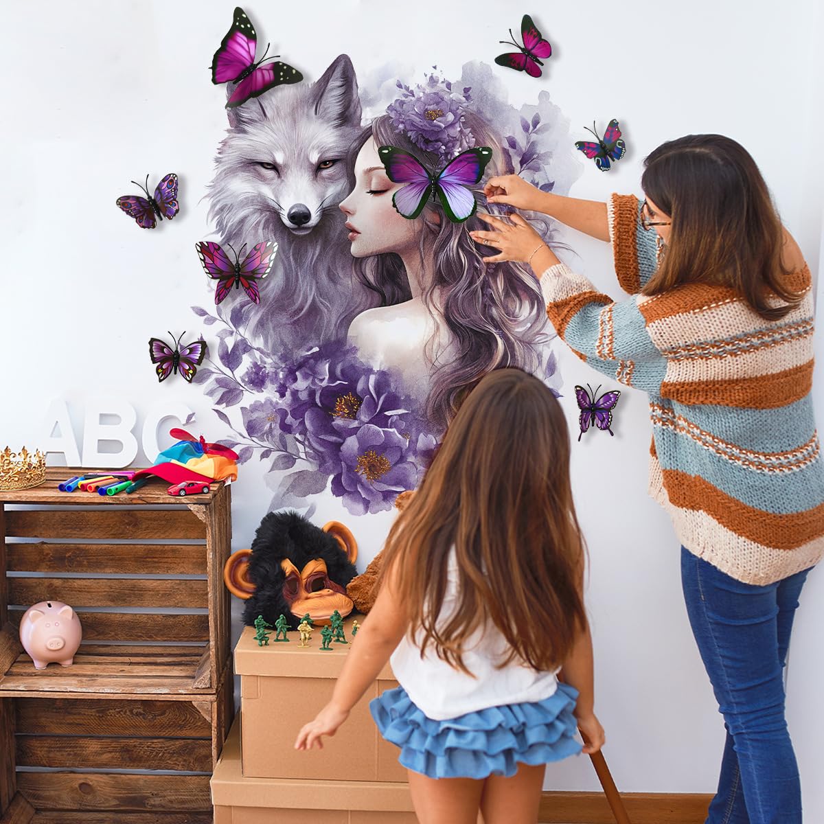 Runtoo Wolf Wall Stickers 3D Butterfly Flowers Fairy Wall Art Decals for Girls Bedroom Baby Nursery Decor - Image 2