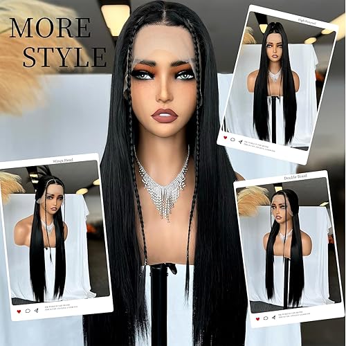 Miniatura 4 de SOKU Pelucas sintéticas de encaje frontal de 32 pulgadas de largo y lacias, de 32 pulgadas, con parte libre, color negro natural, pelucas de fibra