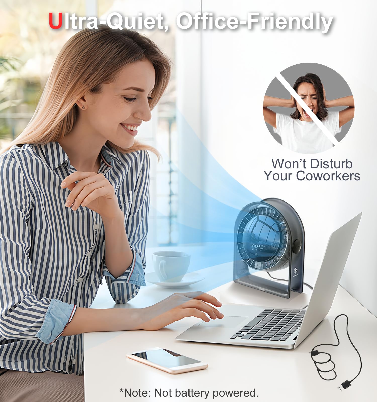 Ventilador de escritorio 2025, mini ventilador de circulación de aire silencioso para dormitorio, ventilador USB portátil con pantalla inteligente, flujo de aire fuerte de 4 velocidades, inclinación 5