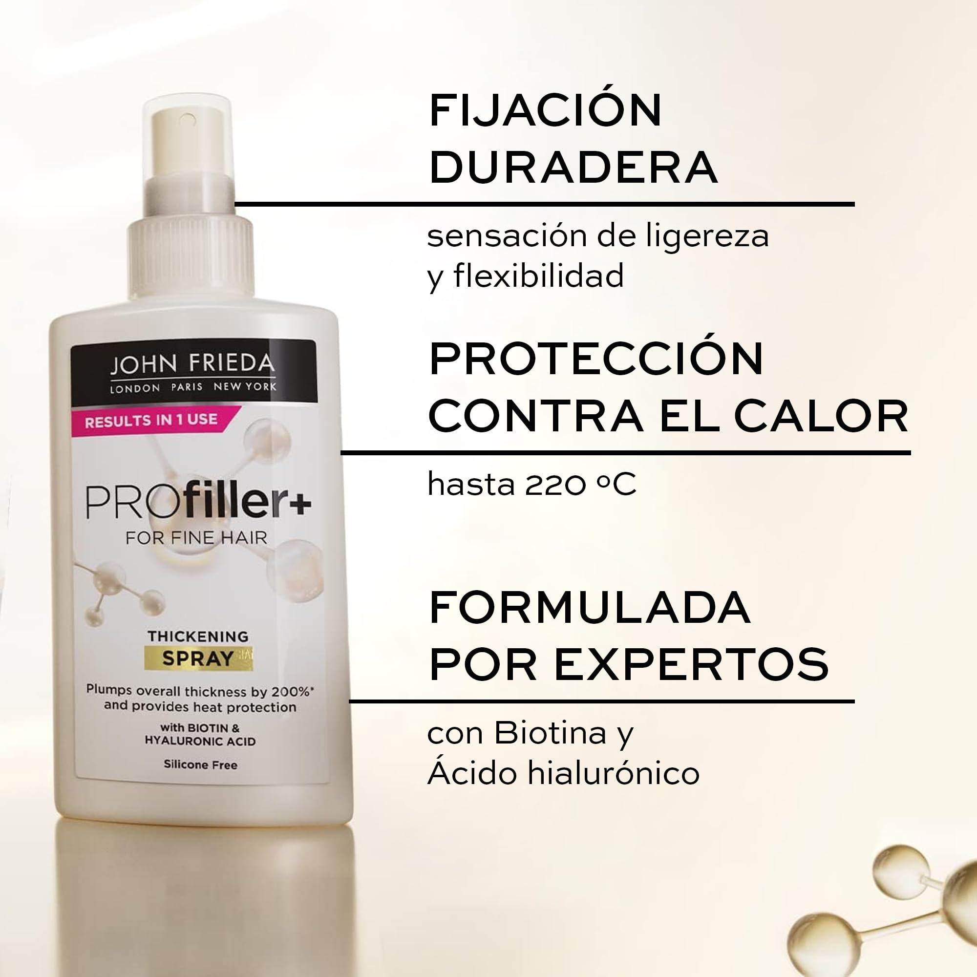 JOHN FRIEDA - Spray Densificador Profiller 150 ml, para Cabellos Finos y Débiles, Fortalece y Densifica, con Biotina y Ácido Hialurónico, Ayuda a Reducir Caída de Cabello Dañado, Protección Térmica