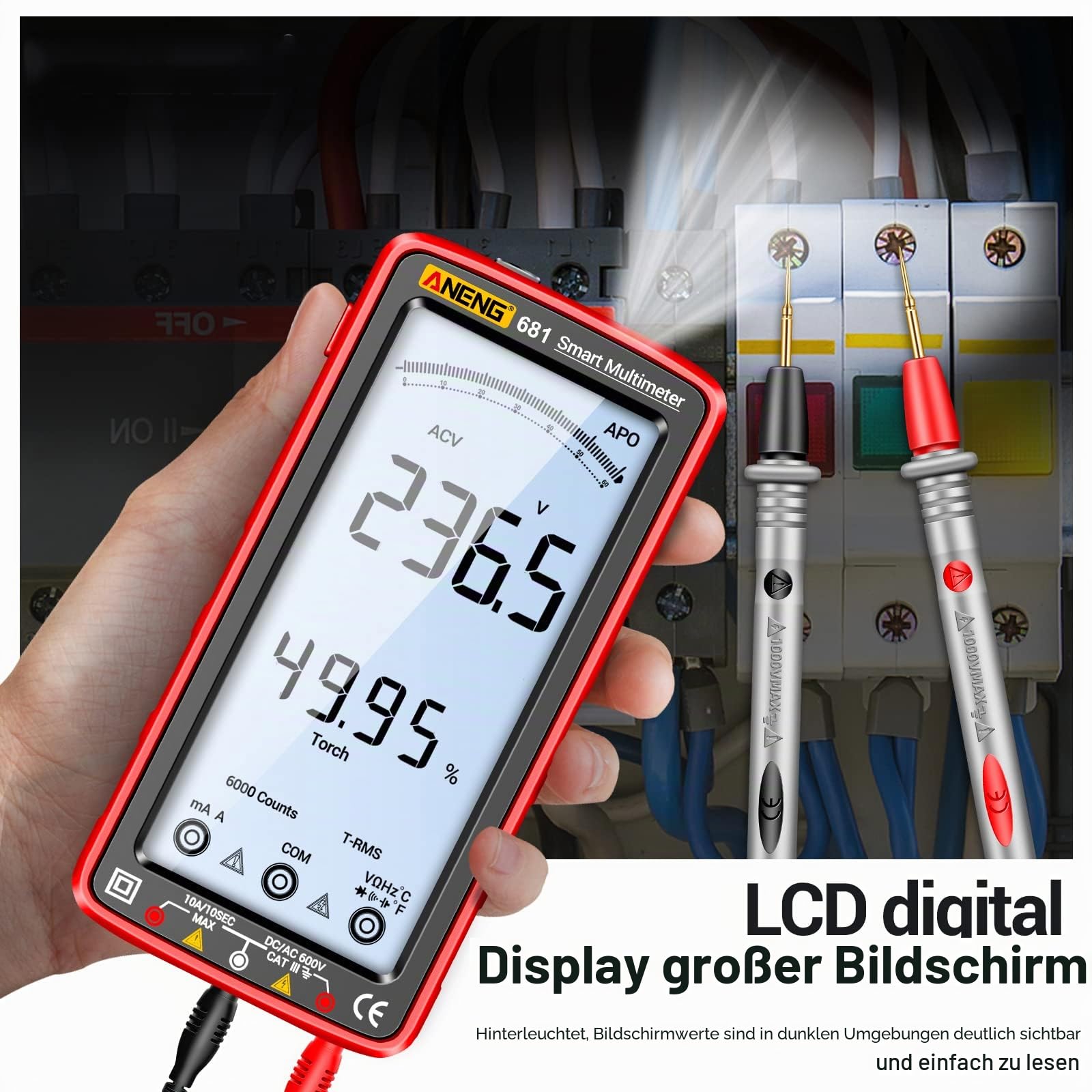 Irfora 681 6000 Counts Digital Multimeter Smart Anti-Burn Wiederaufladbares Universalmessgerät NCV Tester 5 Zoll großes LCD mit hintergrundbeleuchteter Taschenlampe für Spannung, Strom, Widerstand,
