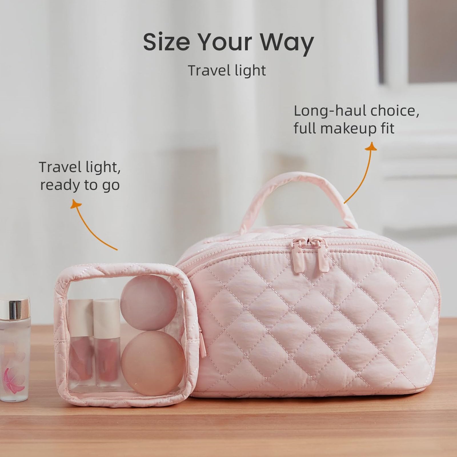 Reise-Make-up-Taschen-Set, 2-teilig, großes Fassungsvermögen, wasserdicht, Kosmetik-Organizer mit Pinselfach und Griff, gesteppter Kulturbeutel, lässt sich flach öffnen, für Damen