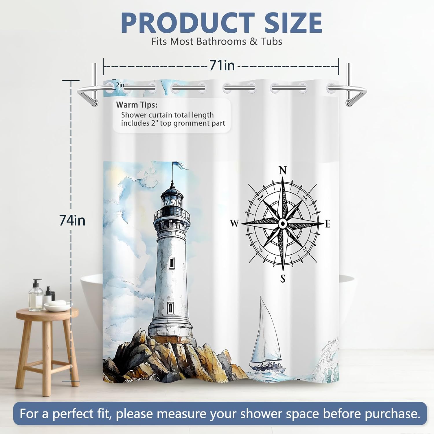 No Hook Waterproof Shower Curtains, Snap-in Shower Curtain Liner with Weighted Hem & Top Window, Nautical Shower Curtain for Bathroom, Hotel and Gym, 71x74 Inches