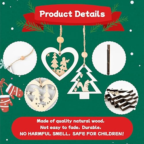 Miniatura 3 de Adornos para árbol de Navidad del país de las maravillas de invierno, paquete de 24 adornos colgantes de madera para decoración de Navidad rústica