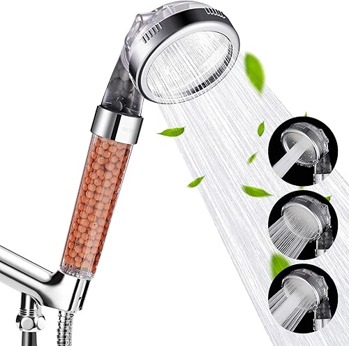 Cobbe Juego de cabezal de ducha con manguera y soporte, filtración de filtro, 3 ajustes, rociador de ahorro de agua de alta presión, cabezales de