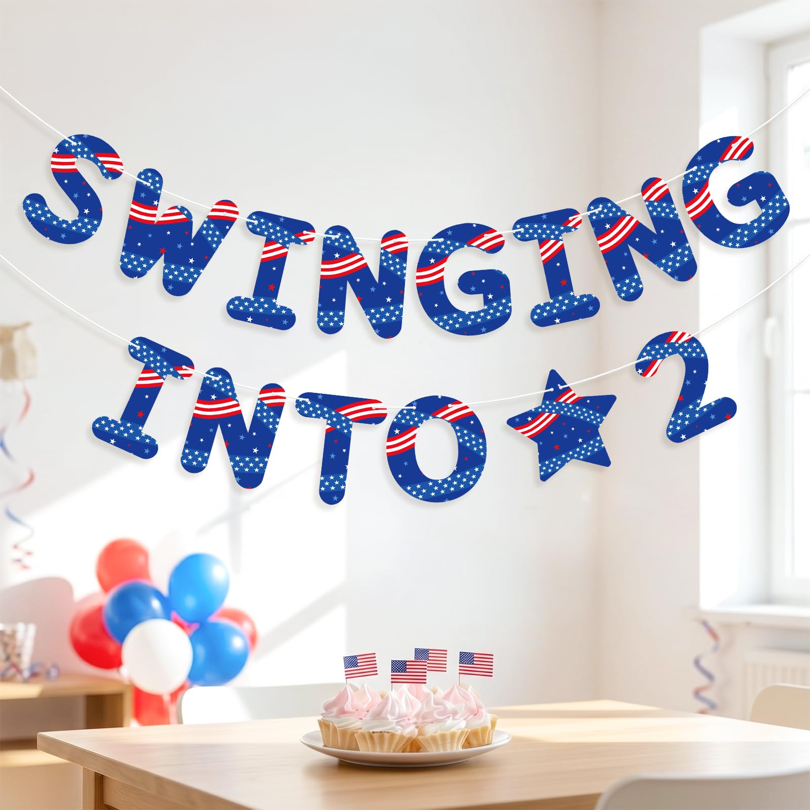 Patriotic Theme 2nd Birthday Banner, Pre-Strung Hanging Swinging Into 2 Party Decorations Banners for Boys Girls Indoor Outdoor Celebration Supplies
