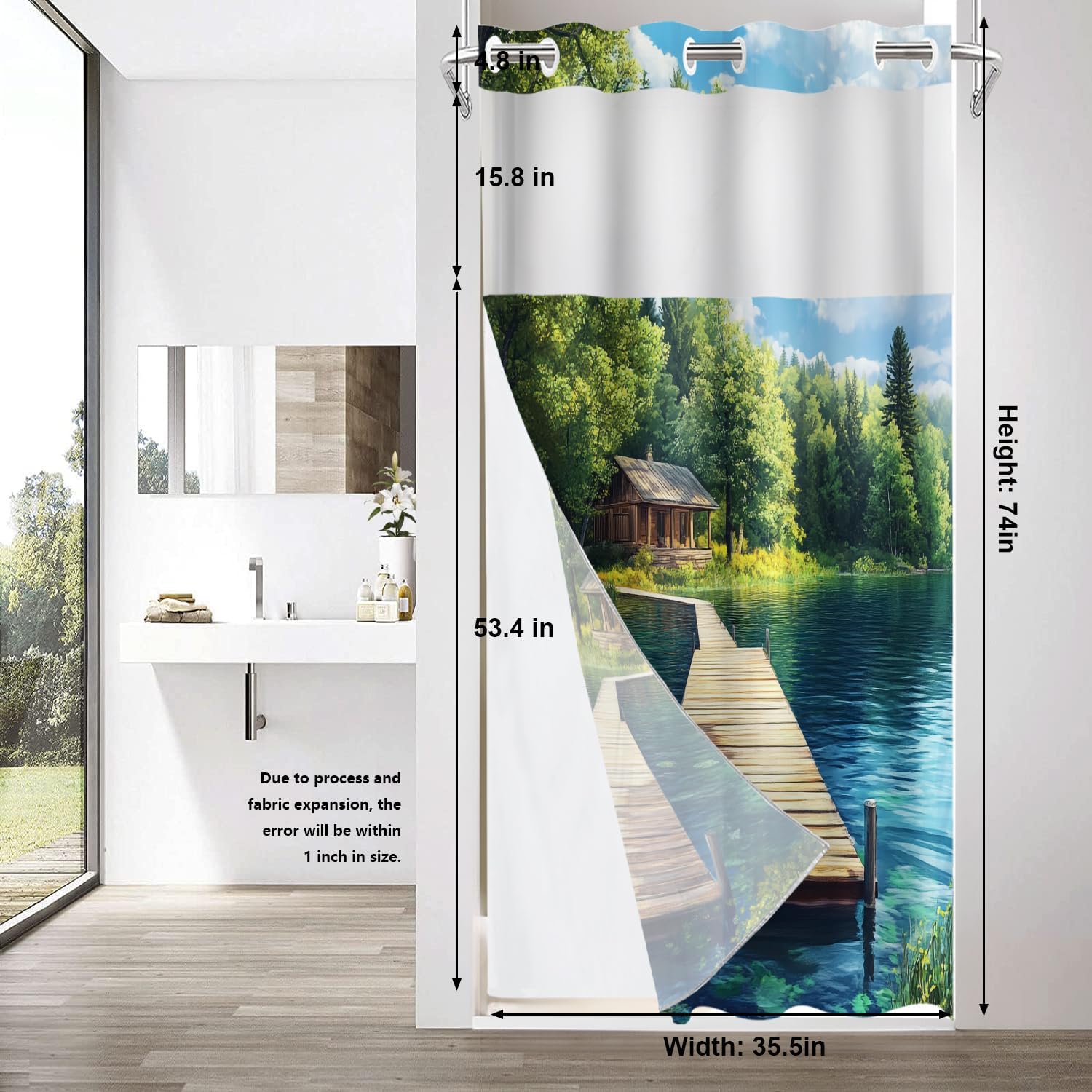 Shrahala Environment Wooden Structure No Hooks Shower Curtain with Snap in Liner Set, Natural Beauty Clear Water Bathroom Décor Polyester Fiber Waterproof for Stall Bathtubs 35.5 X 74 in