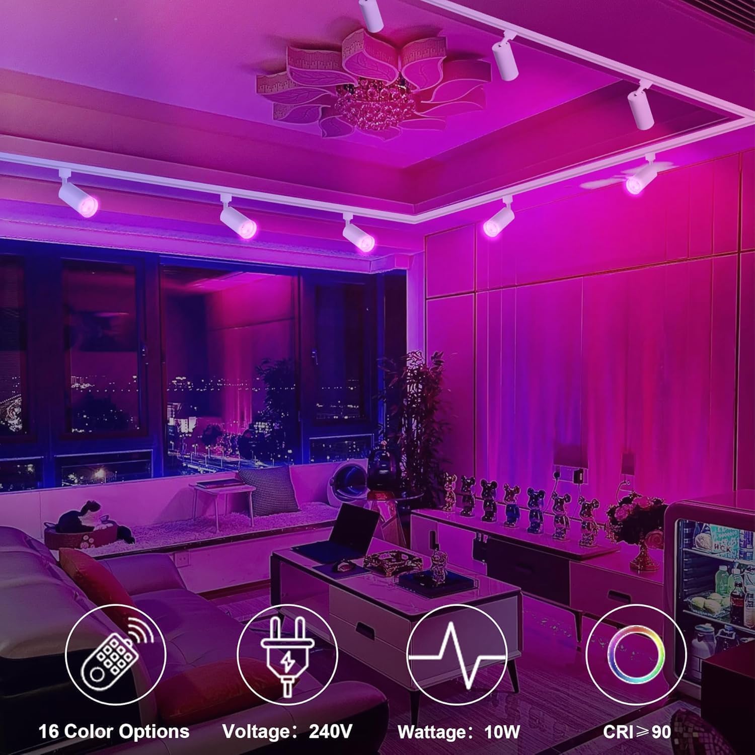GU10 16-Color RGB Kit de iluminación de la pista, 8-Pack de focos que cambian de color con 2x1.5M H-Rail, IR remoto RGB luces de la pista para la sala de estar, fiestas en casa, discotecas,